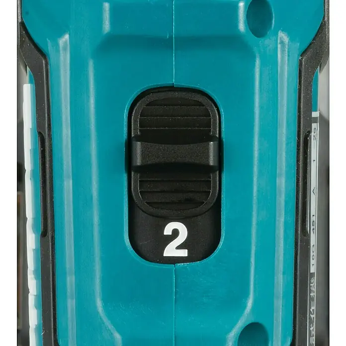 Makita CXT 12V max. Akku-Schlagbohrschrauber HP333DZ - 12 V, Ohne Akku, 30 Nm, Ohne Akku und Zubehör - Nahaufnahme des schwarzen Wählschalters eines türkisfarbenen Elektrowerkzeugs mit der Ziffer 2.