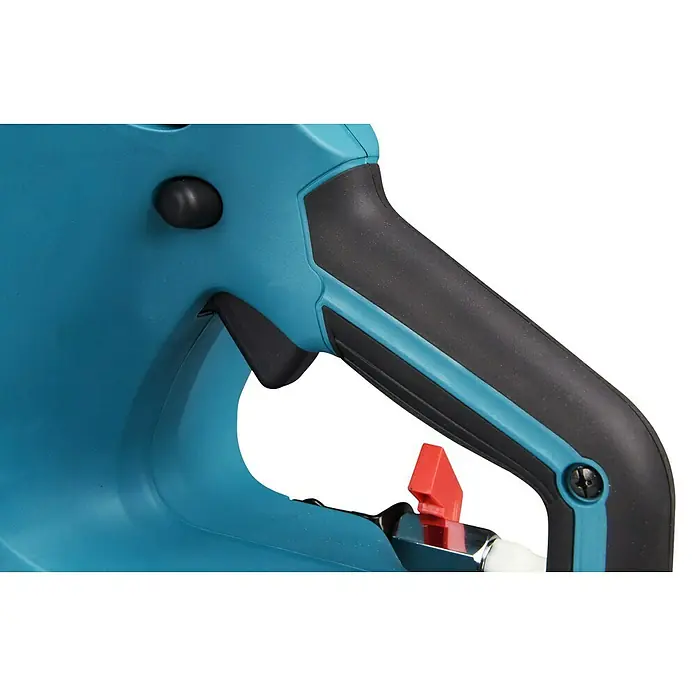 Makita XGT 40V max. Akku-Trennschleifer - Ohne Akku, 5.300 U/min - Nahaufnahme eines ergonomischen, türkis-schwarzen Elektrowerkzeuggriffs mit rotem Abzug und schwarzem Knopf.