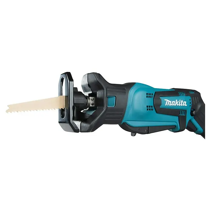 Makita LXT 18V Akku-Säbelsäge DJR183RT1J - 18 V, 1 Akku, 5 Ah, Leerlaufhubzahl: 0 /min - 3.000 /min - Makita Säbelsäge in Türkis und Schwarz mit beigem Sägeblatt.