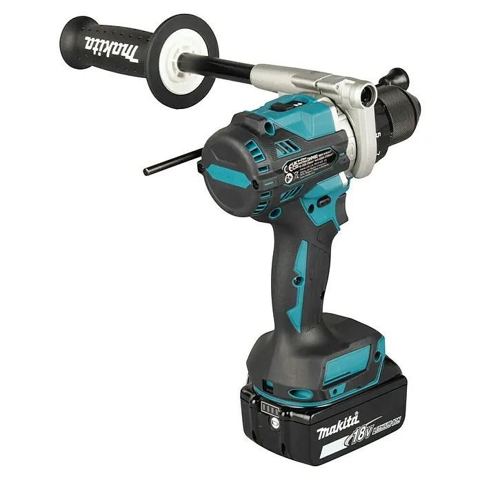 Makita LXT 18V Taladro atornillador percutor de batería DHP492RTJ - 18 V, 2 baterías, 5 Ah, 130 Nm - Taladro inalámbrico Makita negro y turquesa con batería, empuñadura lateral y varilla de tope de profundidad.