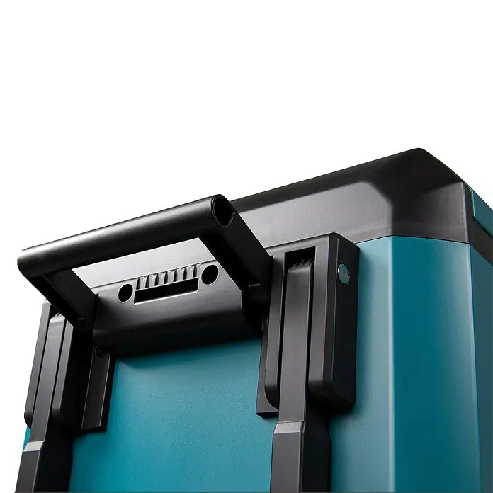 Makita Nevera de batería CW004GZ - 18 V, Sin batería, 29 l - Parte superior de un dispositivo turquesa con asa de transporte negra.