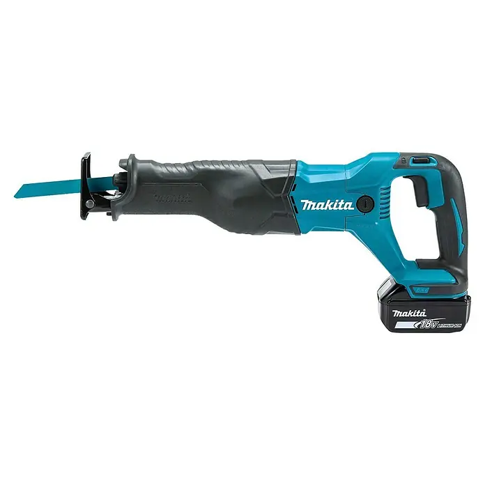 Makita LXT 18V Akku-Säbelsäge DJR186RT - 18 V, 1 Akku, 5 Ah, Leerlaufhubzahl: 0 /min - 2.800 /min - Makita Akku-Säbelsäge in Türkis und Schwarz, mit blauem Sägeblatt und 18V Lithium-Ionen-Akku.
