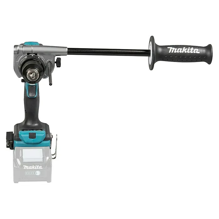 Makita XGT 40V max. Akku-Schlagbohrschrauber HP001GZ - 40 V, Ohne Akku - Makita Akku-Winkelbohrmaschine in Türkis und Schwarz mit silbernem Kopf und langem schwarzem Verlängerungsgriff mit Makita-Logo.