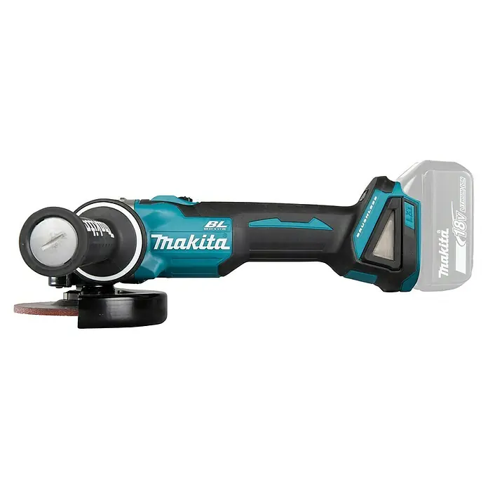 Makita LXT 18V Amoladora angular de batería DGA504Z - 18 V, Iones de litio, Sin batería, Diámetro disco: 125 mm - Amoladora angular inalámbrica Makita turquesa y negra con batería Li-Ion de 18V, disco de corte y mango auxiliar.