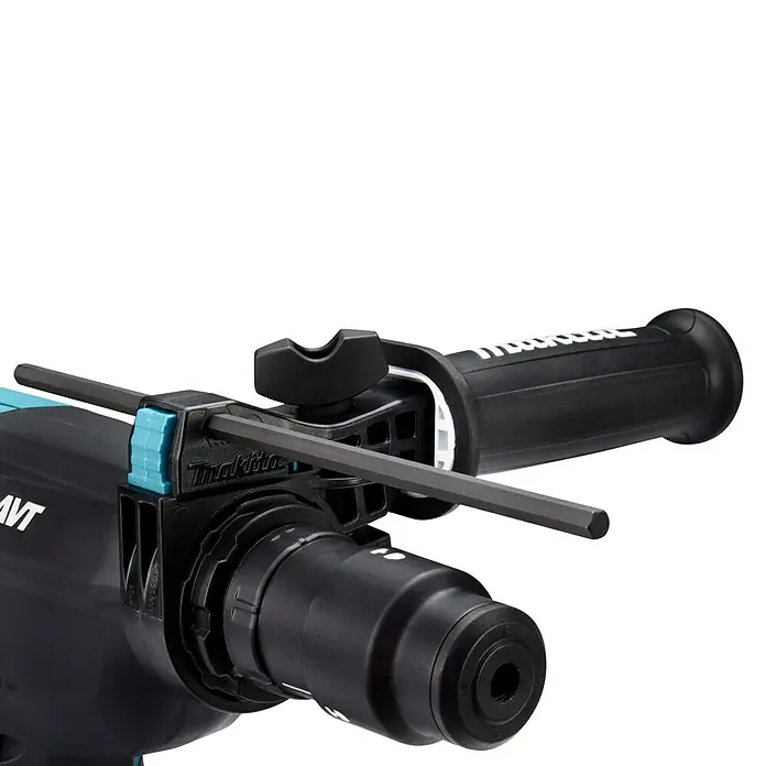 Makita XGT 40V max. Akku-Kombihammer HR004GM201 - 40 V, 2 Akkus, 2,9 J - Schwarz-türkiser Bohrhammer mit Seitenhandgriff und Tiefenanschlagstange.