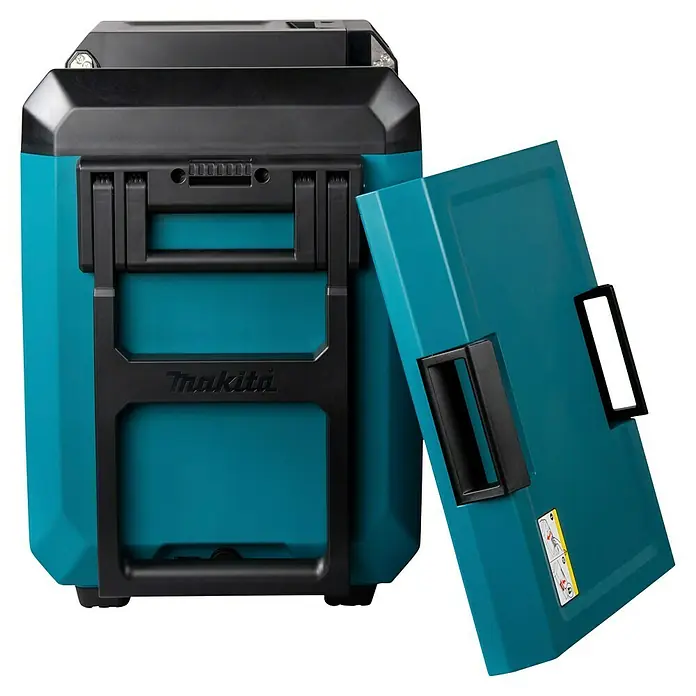 Makita Akku-Kühlbox zum Kühlen & Warmhalten CW004GZ - 18 V, Ohne Akku, 29 l - Türkis-schwarze Makita Kühlbox mit abgenommenem und angelehntem Deckel.