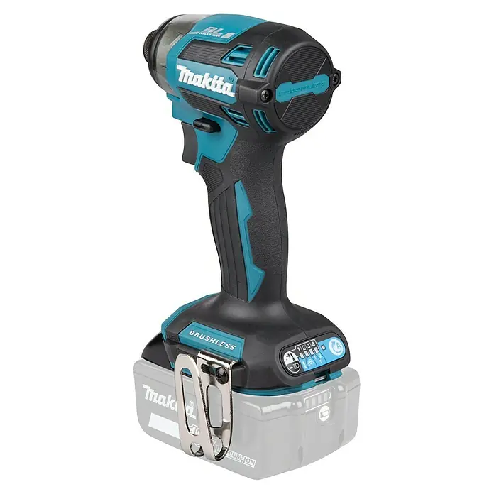 Makita LXT 18V Akku-Schlagschrauber DTD173Z - 18 V, Ohne Akku - Türkis-schwarzer Makita Akku-Brushless-Schlagschrauber mit grauem Akku, Gürtelclip und elektronischem Bedienfeld.