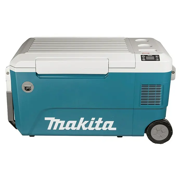 Makita Akku-Kühlbox zum Kühlen & Warmhalten CW002GZ01 - Ohne Akku, 50 l - Makita türkis-weiße Kühlbox/Kühlschrank mit Rollen, Digitalanzeige, Getränkehaltern und Flaschenöffner.