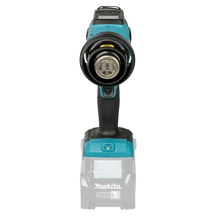 Makita XGT 40V max. Akku-Heißluftgebläse HG001G - 40 V, Ohne Akku, Temperaturbereich: 0 °C - 600 °C - Makita türkise und schwarze Akku-Heißluftpistole, Vorderansicht mit Düse, Bedienfeld und angeschlossenem Akku.