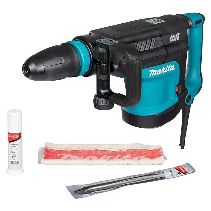 Makita Abbruchhammer HM1213C - 1.510 W, 18,6 J, SDS-Max-Aufnahme - Makita Bohrhammer in Schwarz und Türkis mit Fett, Reinigungstuch und Bohrer-Zubehör.