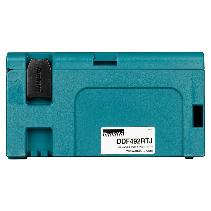 Makita LXT 18V Taladro atornillador de batería DDF492RTJ - 18 V, 2 baterías, 130 Nm - Maleta de herramientas Makita de plástico turquesa con asa y etiqueta DDF492RTJ.