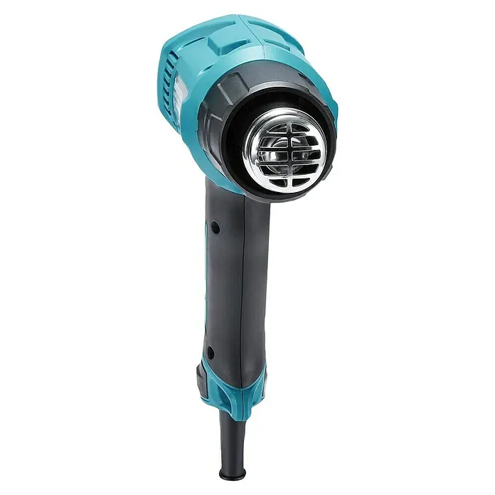 Makita Heißluftgebläse HG5030K - 1.600 W, Temperaturbereich: 350 °C - 500 °C - Türkisfarbene und schwarze Heißluftpistole mit metallischer Düse, aufrecht stehend.