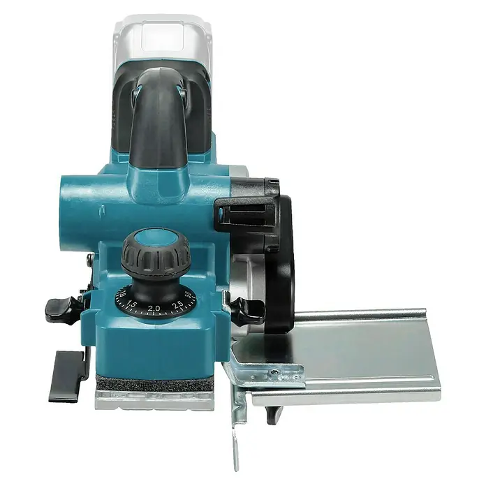 Makita LXT 18V Akku-Hobel - 18 V, Ohne Akku, Leerlaufdrehzahl: 12.000 U/min - Türkiser und schwarzer Elektrohobel mit Tiefeneinstellknopf und silberner Parallelführung.