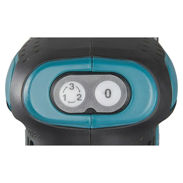 Makita LXT 18V Lijadora excéntrica de batería DBO180RTJ -  - Panel de control de una herramienta eléctrica negra y turquesa con botón selector de 3 velocidades (1-2-3) y botón de apagado/reinicio (0).
