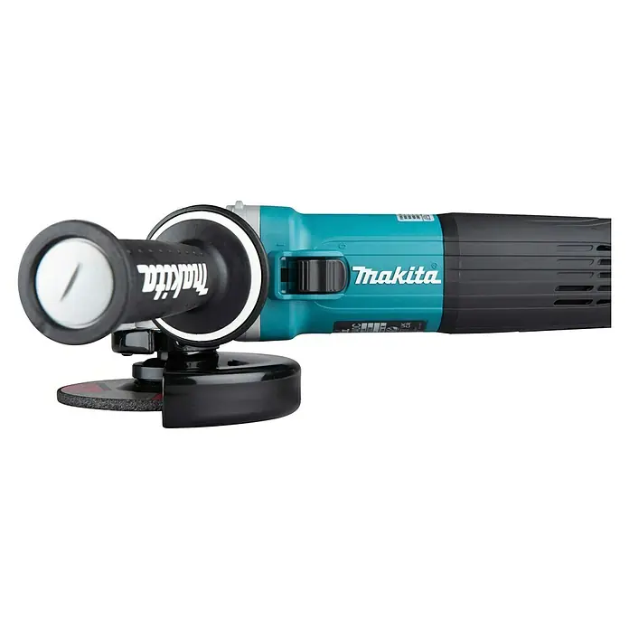 Makita Elektro-Winkelschleifer GA5040CZ1 - 1.400 W, Leerlaufdrehzahl: 11.000 U/min - Türkis-schwarzer Makita Winkelschleifer mit Seitenhandgriff und Schleifscheibe.
