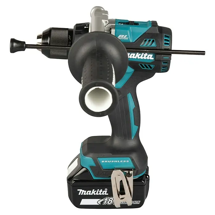 Makita LXT 18V Akku-Schlagbohrschrauber DHP492RTJ - 18 V, 2 Akkus, 5 Ah, 130 Nm - Makita Akku-Bohrhammer, schwarz-türkis, mit Frontgriff und Tiefenanschlag.
