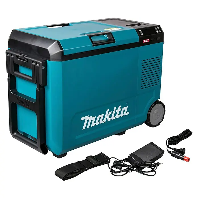 Makita Akku-Kühlbox zum Kühlen & Warmhalten CW004GZ - 18 V, Ohne Akku, 29 l - Türkis-schwarze Makita Kühlbox/Gefrierbox mit Griffen, Rollen und Bedienelementen, gezeigt mit Netzkabeln und Tragegurt.