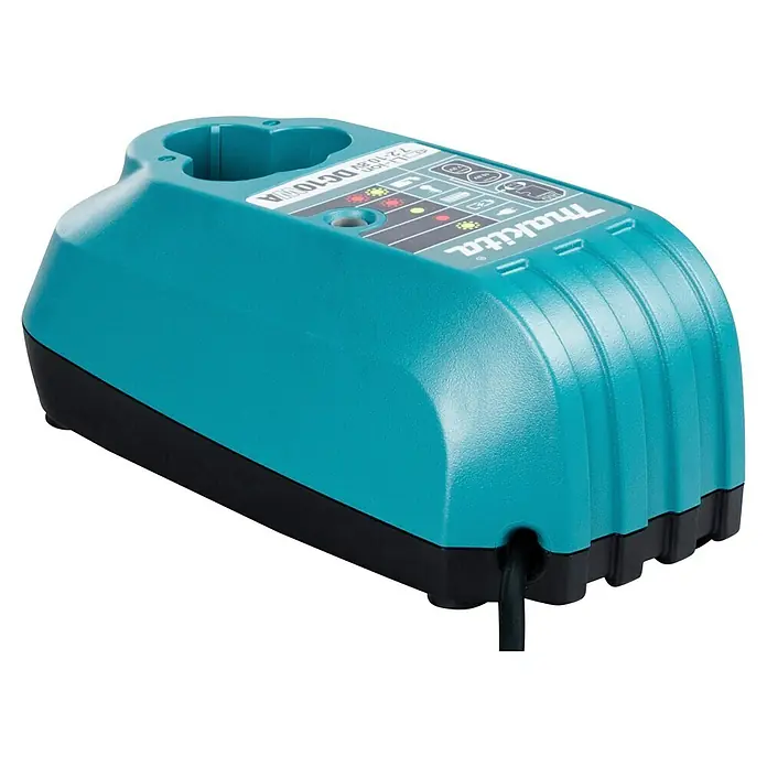 Makita Ladegerät DC10WA - Passend für: Makita Li-Ionen-Blockakkus 7,2 - 10,8 V - Türkises und schwarzes Makita-Akkuladegerät mit Ladeanzeigen und Netzkabel.