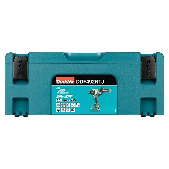 Makita LXT 18V Akku-Bohrschrauber DDF492RTJ - 18 V, 2 Akkus, 130 Nm - Makita DDF492RTJ Akku-Bohrschrauber-Set in türkisfarbenem Kunststoffkoffer mit Produktdetails und Bohrerabbildung.