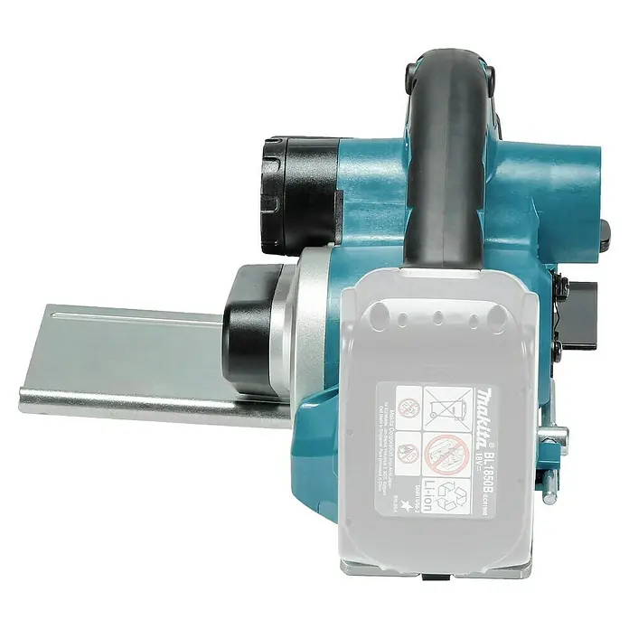 Makita LXT 18V Akku-Hobel - 18 V, Ohne Akku, Leerlaufdrehzahl: 12.000 U/min - Akku-Hobel von Makita mit türkisem Gehäuse, schwarzem Griff und angebrachtem grauen Akku.