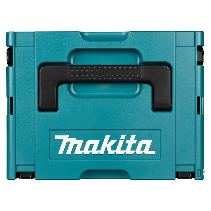 Makita LXT 18V Akku-Bohrschrauber DDF492RTJ - 18 V, 2 Akkus, 130 Nm - Türkiser Makita Werkzeugkoffer mit schwarzem Griff zur Werkzeugaufbewahrung und zum Transport.