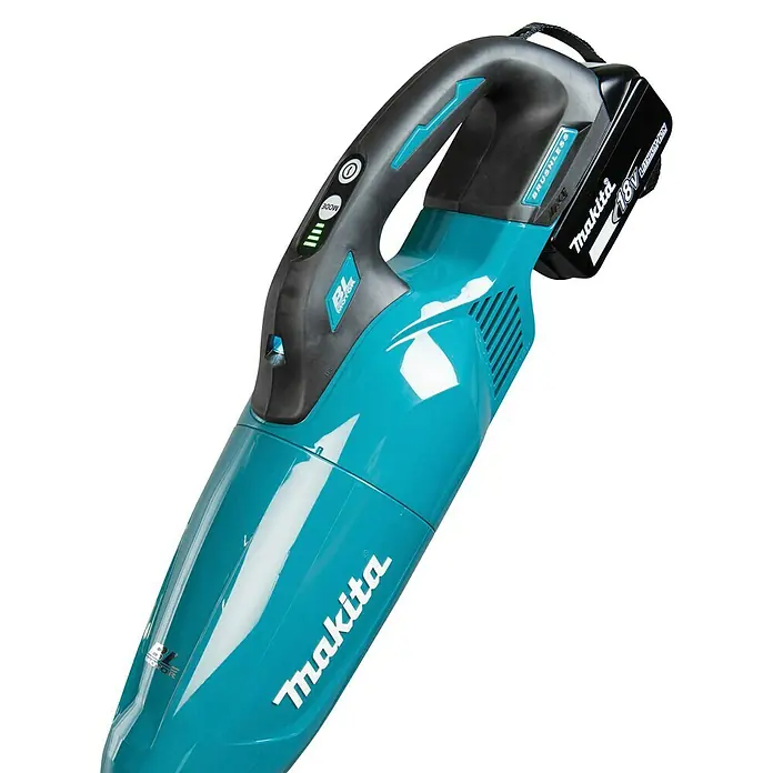 Makita LXT 18V Akku-Staubsauger DCL284F - 18 V, Ohne Akku, Behältervolumen: 0,73 l - Ein türkis-schwarzer Makita 18V Akku-Handstaubsauger mit Akkupack und beleuchteten Leistungs-/Modus-Anzeigen.
