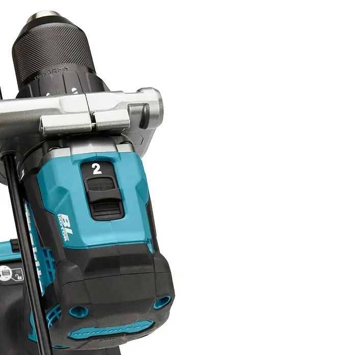 Makita XGT 40V max. Akku-Schlagbohrschrauber HP001GD201 - 40 V, 2 Akkus, 2,5 Ah, 41 Nm - Nahaufnahme eines blau-schwarzen Akku-Bohrschraubers mit Metallbohrfutter, Zusatzgriff und sichtbarem BL-Motor-Branding.