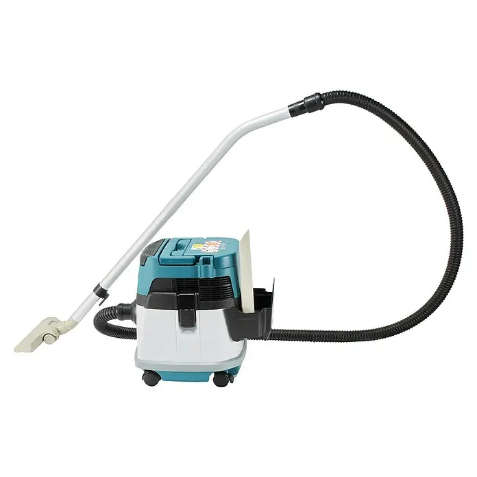 Makita LXT 18V Akku-Nass-Trockensauger DVC150LZ - 36 V, Ohne Akku, Behältervolumen: 15 l - Türkis-weißer Nass-Trocken-Staubsauger mit schwarzem Schlauch und hellgrauem Saugrohr mit Düse auf Rollen.
