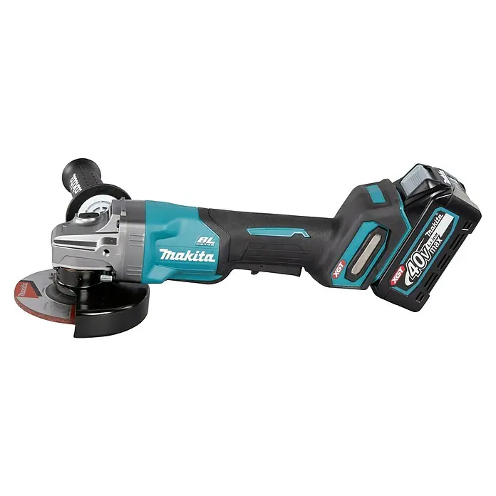 Makita XGT 40V max. Akku-Winkelschleifer GA016GM201 - 40 V, 2 Akkus, 4 Ah, Leerlaufdrehzahl: 8.500 U/min - Makita Akku-Winkelschleifer in Türkis und Schwarz mit 40V Max Li-Ion-Akku und Schleifscheibe.