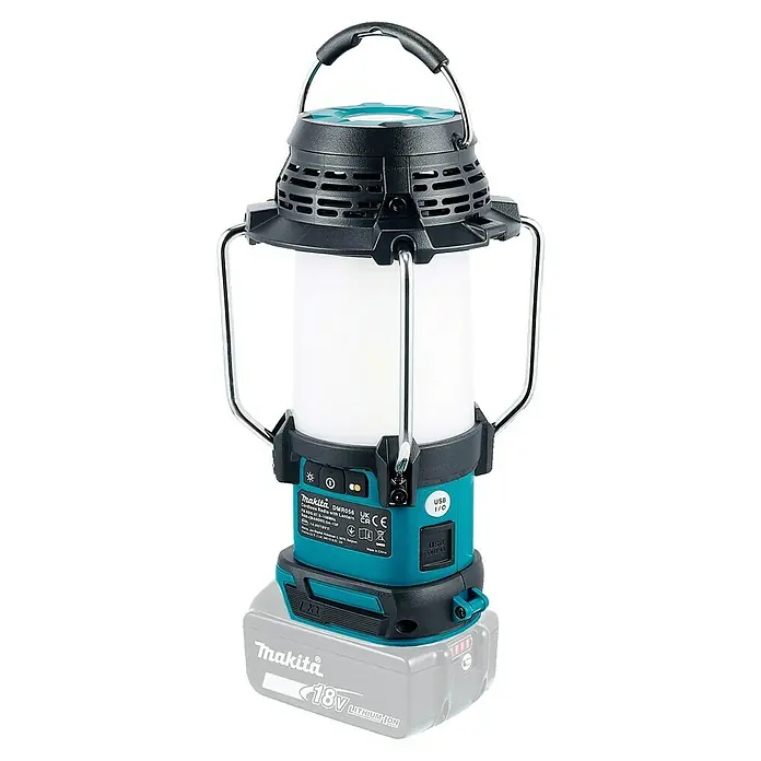 Makita LXT 18V Radio de batería con linterna DMR056 - 18 V, Sin batería, Flujo luminoso: 310 lm - Radio-linterna inalámbrica Makita, negra y turquesa, con batería de litio de 18V.