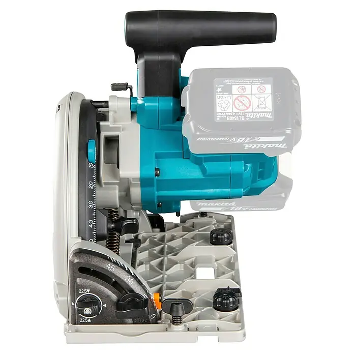 Makita LXT 18V Akku-Tauchsäge DSP600ZJ - 18 V, Ohne Akku, 2.500 U/min - 6.300 U/min - Makita Akku-Kreissäge mit türkis-grauem Gehäuse, schwarzem Griff und 18V Li-Ion-Akku. Zeigt Tiefen- und Gehrungswinkeleinstellungen.
