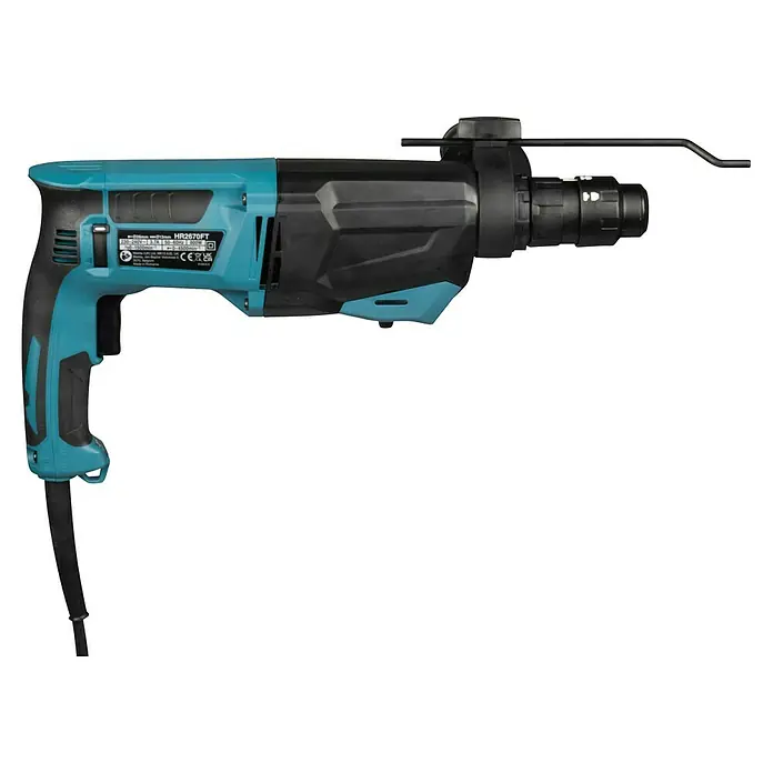 Makita Kombihammer HR2670FTX1 - 800 W, 3 J, SDS-Plus-Aufnahme - Türkis-schwarzer Bohrhammer mit Tiefenanschlag, seitlich gesehen.