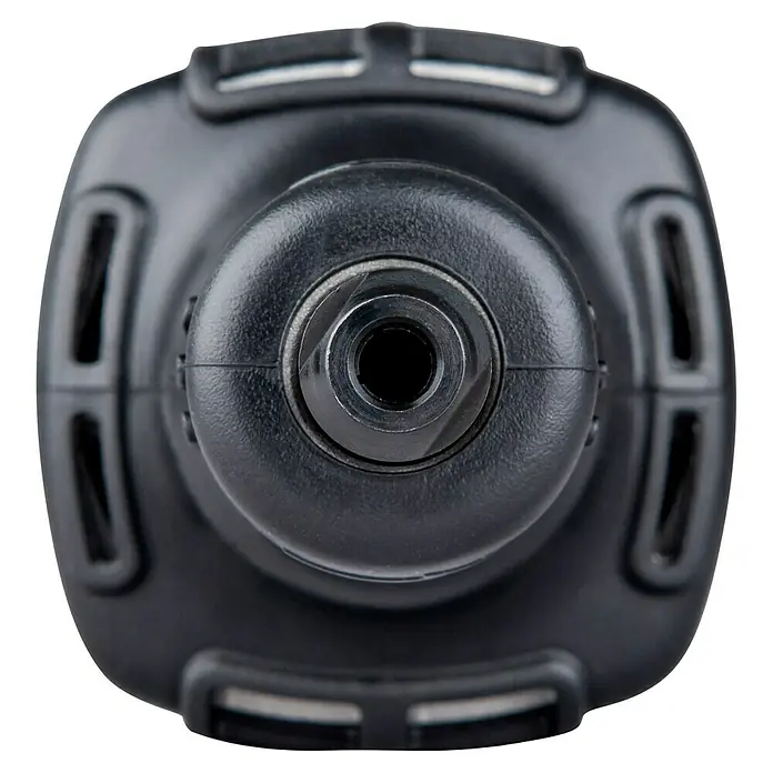 Makita Geradschleifer GD0600 - 400 W, 25.000 U/min - Vorderansicht eines schwarzen Schlagschrauber-Kopfes mit Sechskantaufnahme.