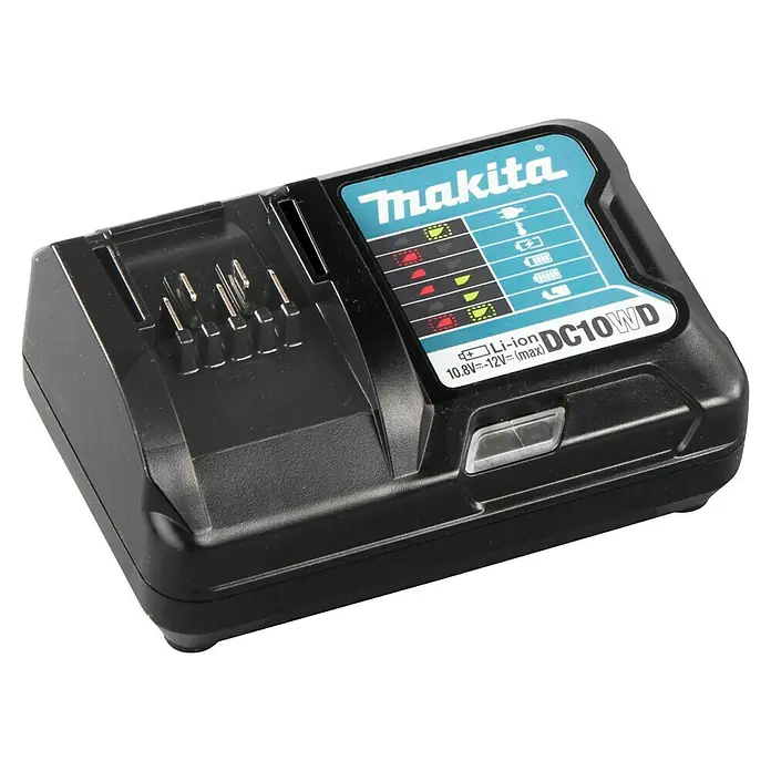 Makita CXT 12V max. Ladegerät DC10WD - Passend für: Makita Li-Ionen-Akkus 10,8 - 12 V - Schwarzes Makita DC10WD Li-ion Akkuladegerät mit blauem Etikett und silbernen Kontakten für 10.8V-12V Akkus.