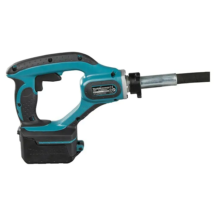 Makita LXT 18V Akku-Betonverdichter DVR450Z - 18 V, Ohne Akku, Schwingzahl: 13.000 U/min - Türkis-schwarzer Makita DVR450 Akku-Betonrüttler mit silbernem Schaft und schwarzem Gummischlauch.