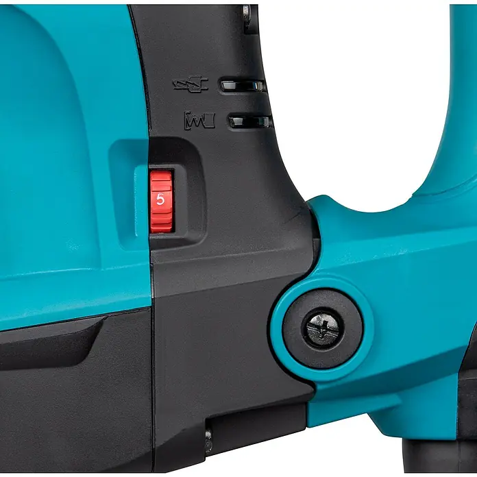 Makita Abbruchhammer HM1213C - 1.510 W, 18,6 J, SDS-Max-Aufnahme - Nahaufnahme eines türkisfarbenen und schwarzen Elektrowerkzeugs mit rotem Drehregler auf 5 und Modussymbolen für Strom, Bohren und Hämmern.