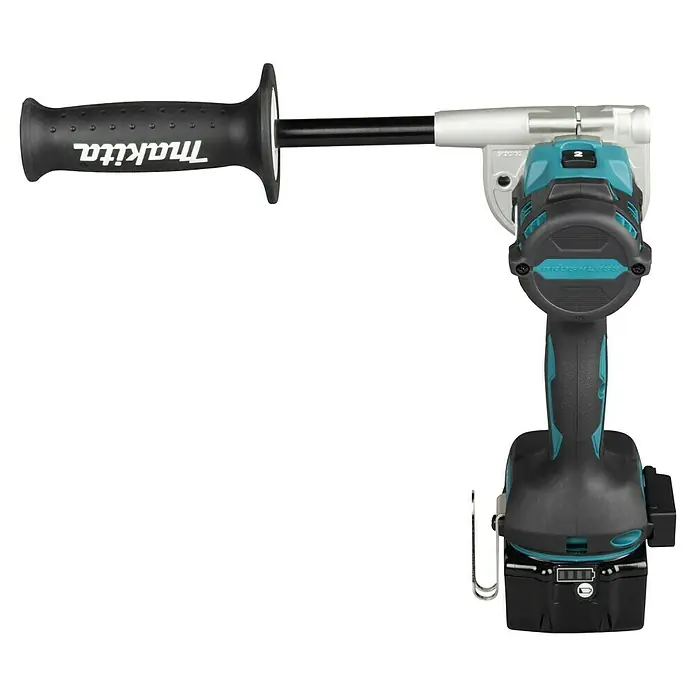 Makita LXT 18V Taladro atornillador de batería DDF492RTJ - 18 V, 2 baterías, 130 Nm - Taladro de impacto inalámbrico Makita negro y turquesa con mango auxiliar.