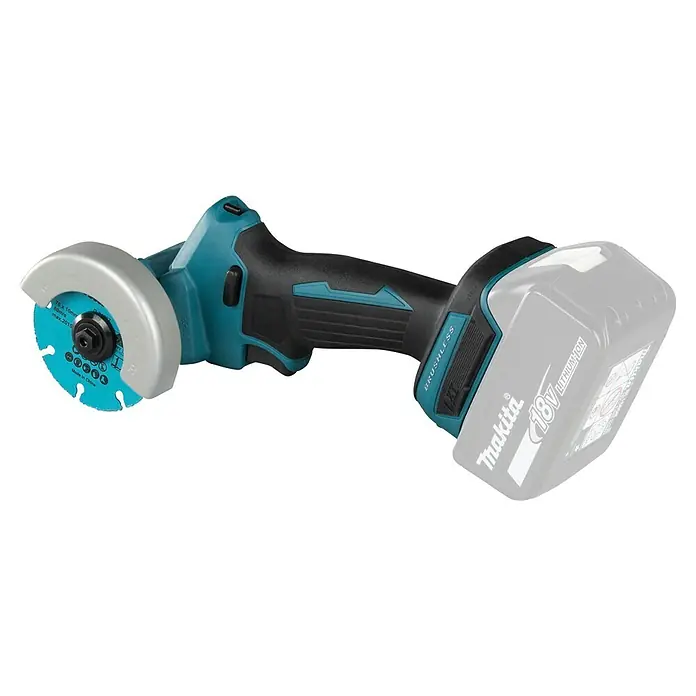 Makita LXT 18V Amoladora angular de batería DMC300Z - 18 V, Sin batería - Herramienta de corte inalámbrica Makita 18V turquesa y negra con disco de corte azul y protector plateado, batería visible.