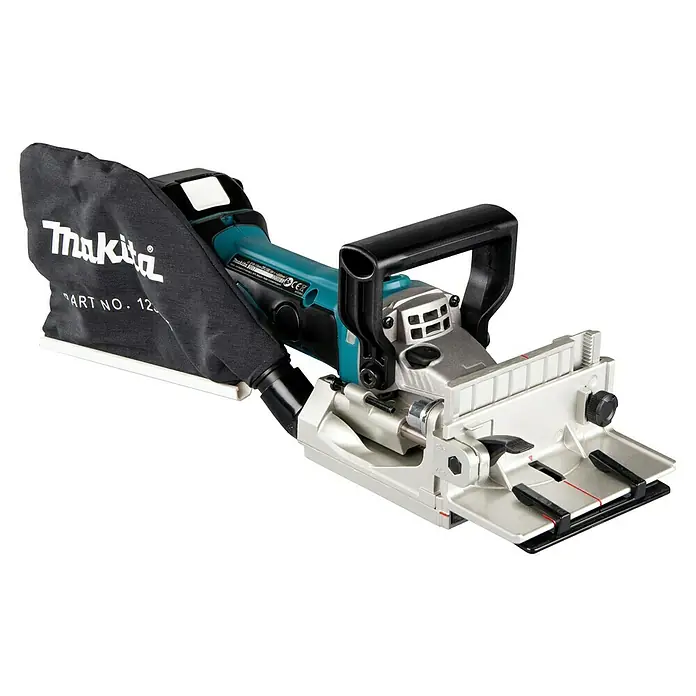Makita LXT 18V Akku-Nutfräse DPJ180RTJ - 18 V, 5 Ah, Anzahl Akkus: 2 Akkus, 20 mm - Makita Flachdübelfräse in Türkis und Schwarz mit silberner Grundplatte und angebrachtem schwarzem Staubfangbeutel, schräg von vorne gezeigt.