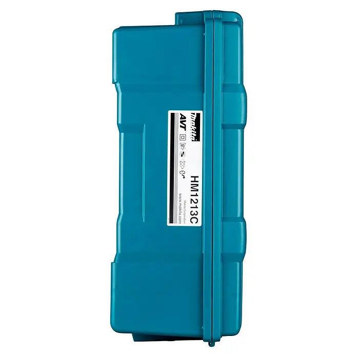 Makita Abbruchhammer HM1213C - 1.510 W, 18,6 J, SDS-Max-Aufnahme - Türkiser Kunststoff-Makita-Werkzeugkoffer mit weißem Etikett, das Modell HM1213C zeigt.