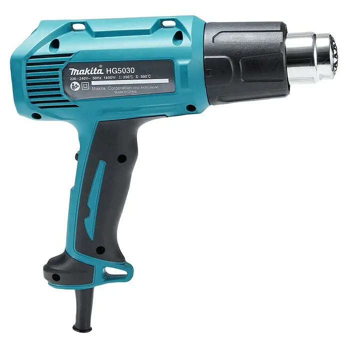 Makita Heißluftgebläse HG5030K - 1.600 W, Temperaturbereich: 350 °C - 500 °C - Türkise und schwarze Makita HG5030 Heißluftpistole mit Metalldüse und ergonomischem Griff.