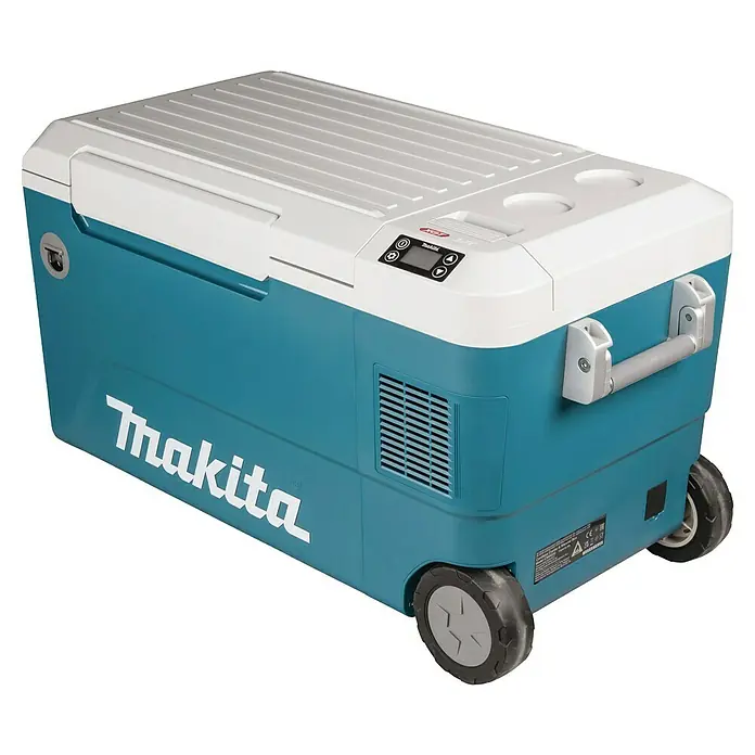 Makita Akku-Kühlbox zum Kühlen & Warmhalten CW002GZ01 - Ohne Akku, 50 l - Makita kabellose Kühl- und Wärmebox in Türkis und Weiß, mit Rollen, Griffen und Digitalanzeige.