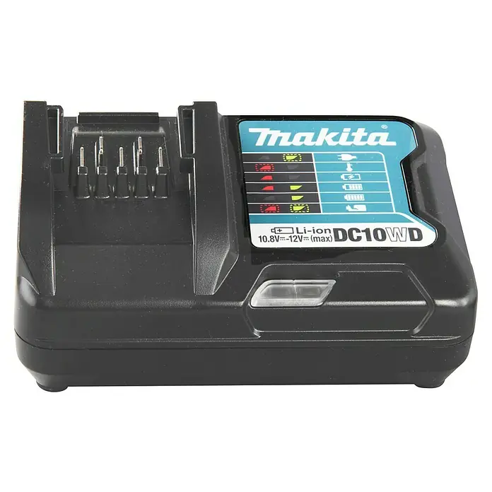 Makita CXT 12V max. Ladegerät DC10WD - Passend für: Makita Li-Ionen-Akkus 10,8 - 12 V - Schwarzes Makita DC10WD Li-ion Akku-Ladegerät für 10.8V-12V (max) Akkus, mit Akkupins und Ladeanzeigeleuchten.