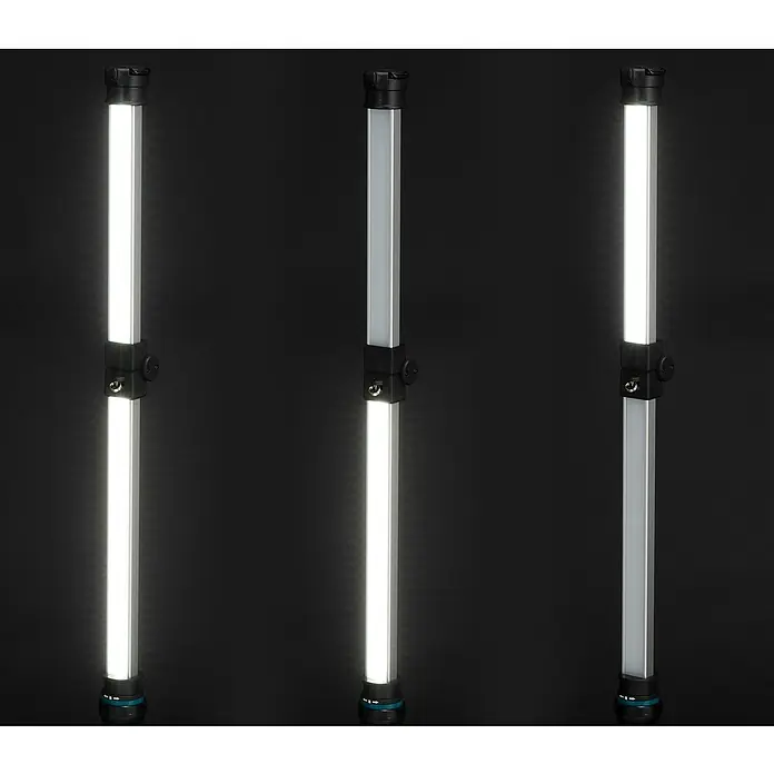 Makita LXT 18V Akku-Stableuchte DML818 - 18 V, Ohne Akku - Drei graue LED-Lichtstäbe mit schwarzen Enden und Halterungen, die einstellbares weißes Licht zeigen.