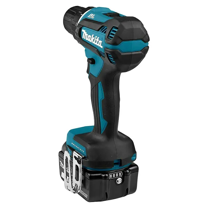 Makita LXT 18V Akku-Bohrschrauber-Set DDF485RFJ - 18 V, 2 Akkus, 50 Nm - Makita Akku-Bohrschrauber in Schwarz-Türkis, mit BL Brushless Motor und XGT-Akku mit Ladeanzeige.