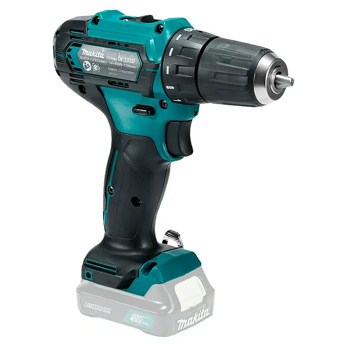 Makita CXT 12V max. Akku-Bohrschrauber DF333DZ - 12 V, Ohne Akku - Makita 12V max Akku-Bohrschrauber in Türkis und Schwarz mit grauem Lithium-Ionen-Akku.