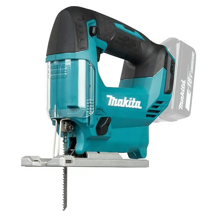 Makita LXT 18V Akku-Pendelhubstichsäge DJV186Z - 18 V, Ohne Akku, 2.900 /min - Akku-Stichsäge von Makita in Türkis und Schwarz mit grauem Akku. Klarschutz und Metallfuß.