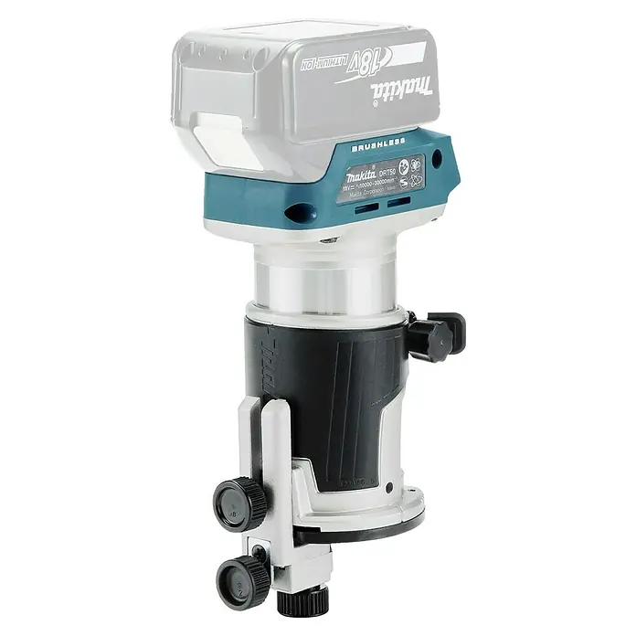 Makita LXT 18V Akku-Multifunktionsfräse DRT50ZJX2 - 18 V, Ohne Akku, Leerlaufdrehzahl: 10.000 U/min - 30.000 U/min - Eine türkise, schwarze und silbergraue Akku-Oberfräse von Makita mit angebrachtem Akku.