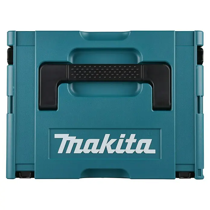 Makita Schlagbohrmaschine HP2071FJ - 1.100 W, Schnellspannbohrfutter - Türkisfarbener Makita Kunststoff-Werkzeugkoffer mit schwarzem Griff und weißem Logo.