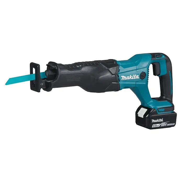 Makita LXT 18V Sierra de sable de batería DJR186ZK - 18 V, 1 batería, 5 Ah, Número de carreras marcha en vacío: 0 /min - 2.800 /min - Sierra de sable inalámbrica Makita turquesa y negra con hoja turquesa y batería de iones de litio de 18V 5.0Ah.